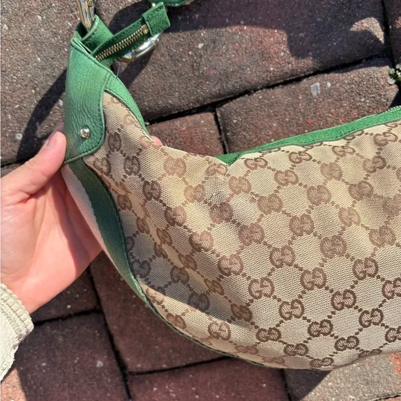 Vintage Gucci Shoulder Bag GG Pattern Bamboo 131036 Beige Brown Green Leather - Picture 11 of 16